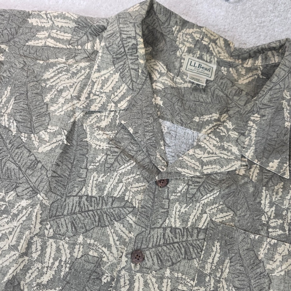 L.L.Bean Shirt Mens 2XLT XXL Tall Green Ivory Button-Up Tropical Leaf Hawaiian